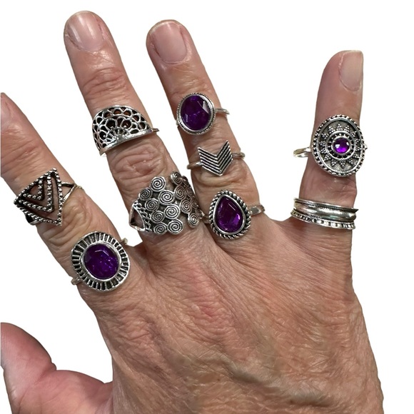 Silver and Purple 9 Piece Ring Set - Picture 1 of 8